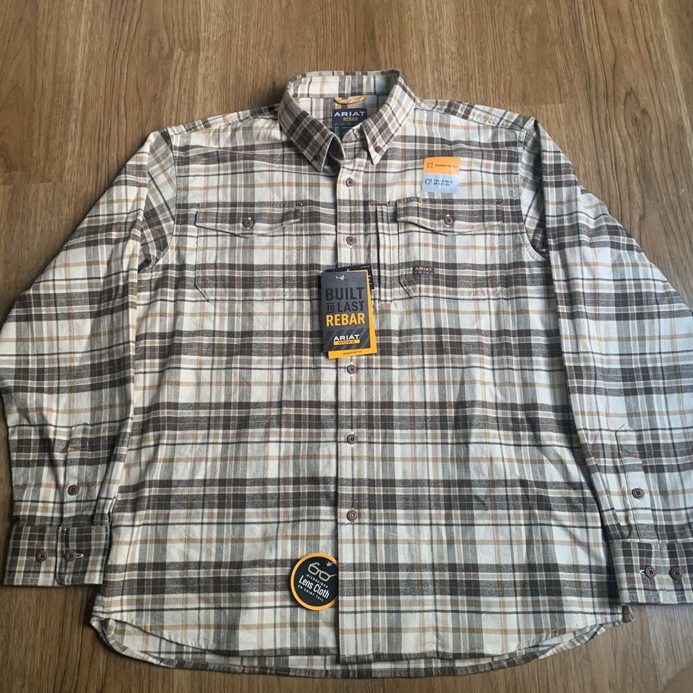 Ariat Rebar Mens Flannel DuraStretch Work Shirt Brown Plaid NWT Large Flex Tough